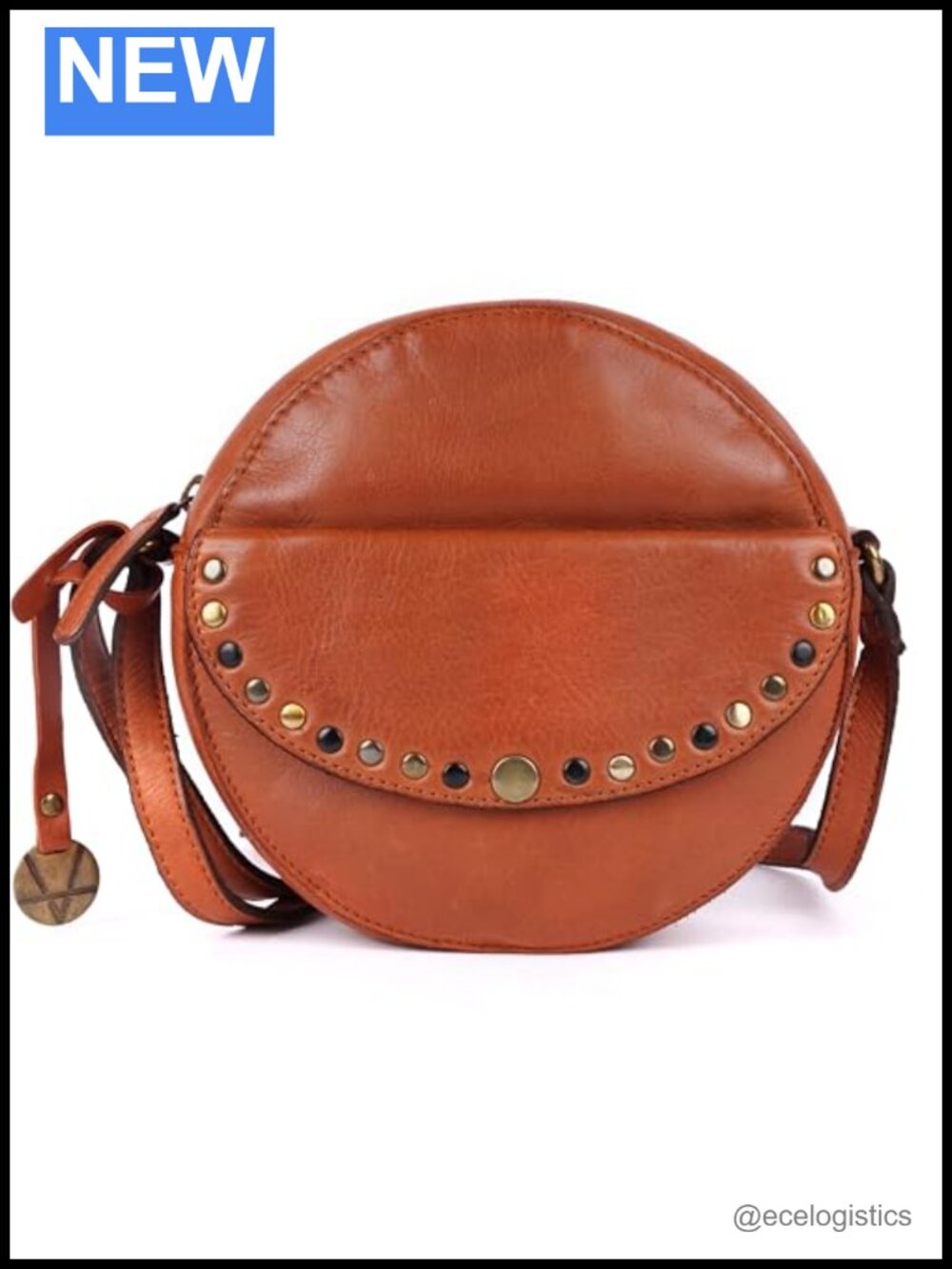 Genuine Italian Leather Boho Studded Round Crossbody Sling Bag
